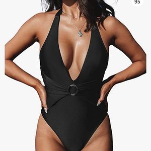 Cupshe Halter Deep V Neck Ruched O Ring High Cu